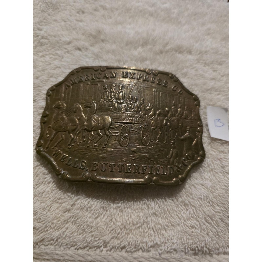 Vintage American Express Co Wells Butterfield Brass Belt Buckle Stagecoach 13
